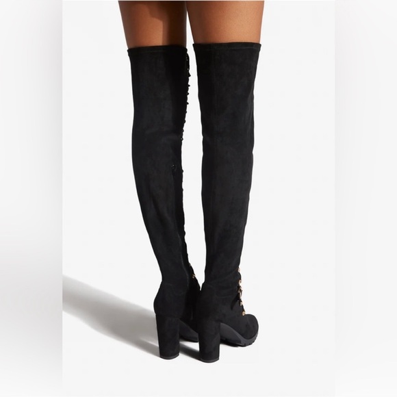 🆕 Tall Lace Up Block Heel Combat Boots in Black Micro 8 Wide Calf - Picture 4 of 4